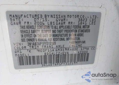 2015 Nissan Sentra S z USA, uszkodzony, nr VIN 3N1AB7AP1FY312199